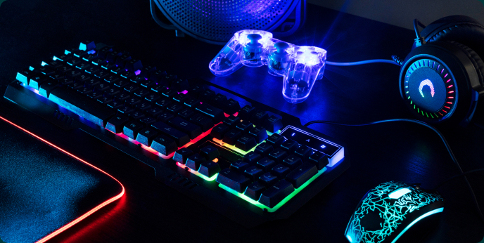 Headphones, keyboard, joystick