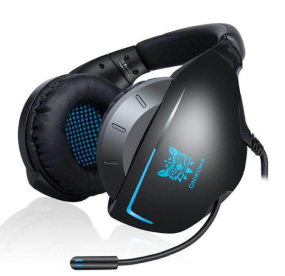 black headphones with blue logo