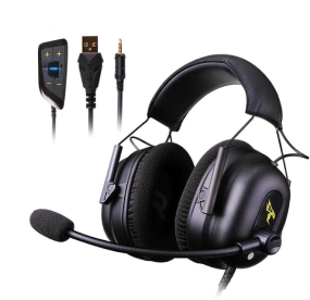 black headset with yellow logo